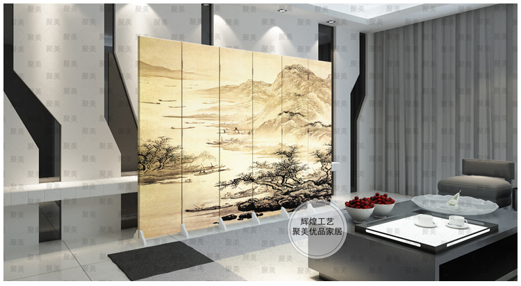 防水防透免安装中式双面艺术屏风改善风水墙文化墙玄关隔断会所办公室酒店隔断折屏古典现代屏风 1018023 6扇防水防透