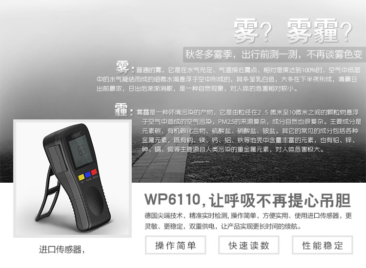 阿格瑞斯WP6110 PM2.5检测仪 家用室内室外空气质量测试仪 雾霾粉尘颗粒监测仪器