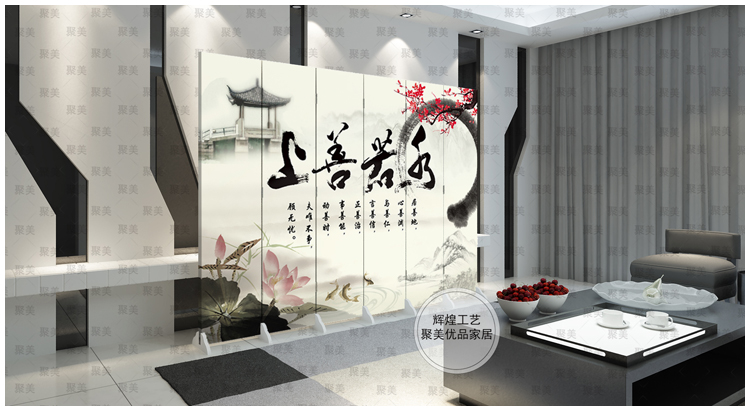 防水防透免安装中式双面艺术屏风改善风水墙文化墙玄关隔断会所办公室酒店隔断折屏古典现代屏风 1018023 6扇防水防透