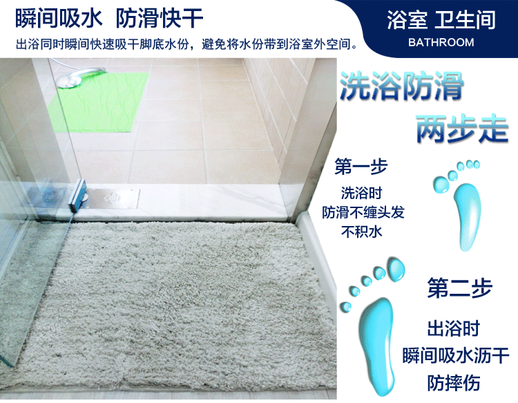 
                                        SUNGENS 加厚加密2CM长毛绒地垫 柔软床旁垫 超吸水防滑浴室脚垫 出浴沥干垫 浅灰色 60*90CM                