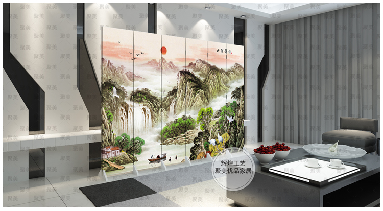 防水防透免安装中式双面艺术屏风改善风水墙文化墙玄关隔断会所办公室酒店隔断折屏古典现代屏风 1018023 6扇防水防透