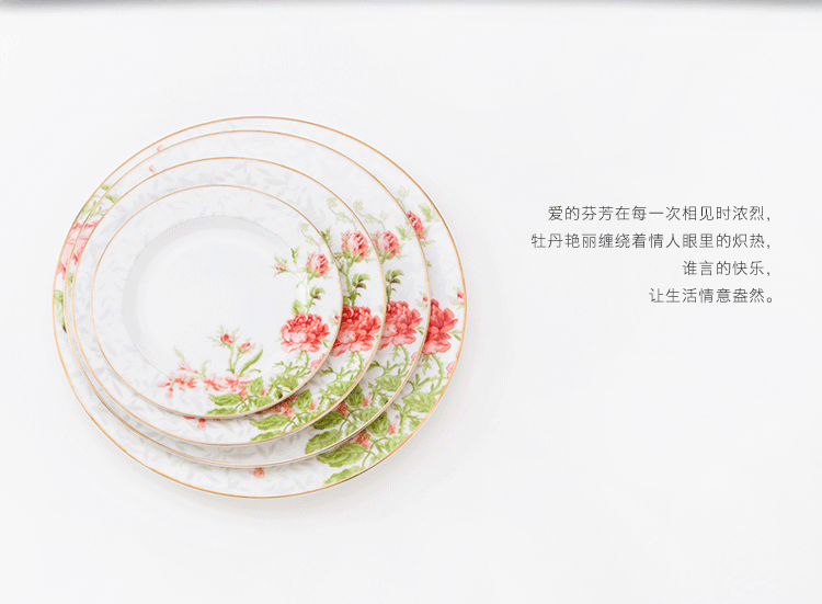 隆达骨瓷 缤纷时节 7.5英寸浅盘4只 欧式贵族浪漫花季镶金艺术盘碟中餐具 新婚礼物
