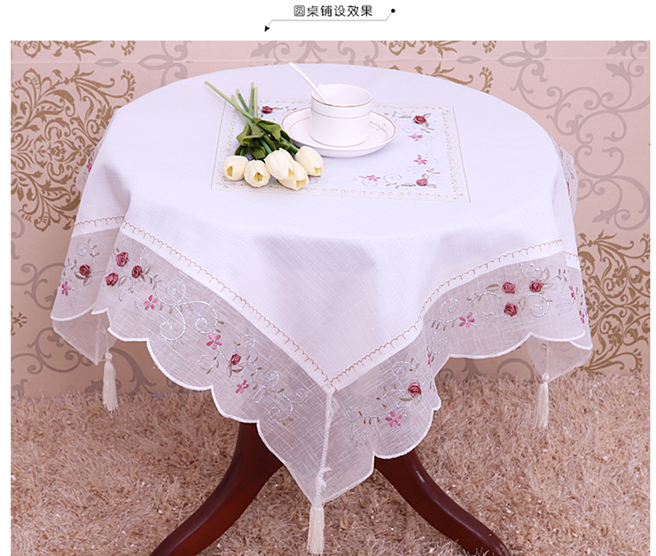 帛思绮 布艺欧式绣花餐桌布台布茶几布方圆桌布手工刺绣桌布台布 玫瑰花藤(祥云玫瑰) 85*85厘米(含花边)