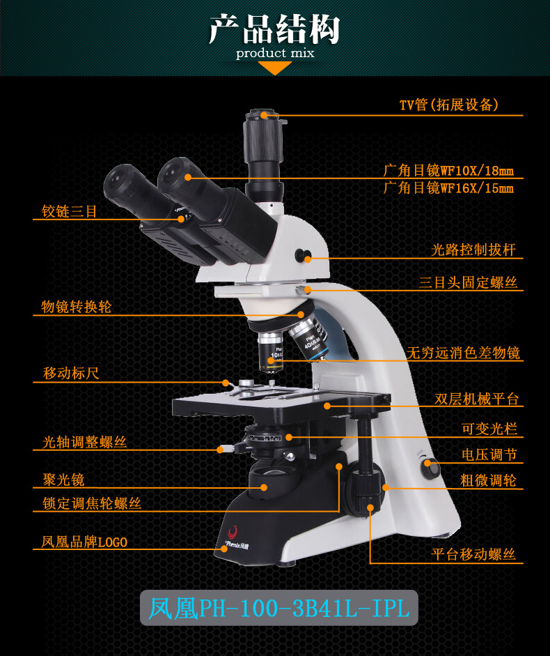 凤凰生物显微镜ph1003b41lipl专业1600高倍高清光学高校科研养殖20