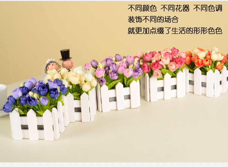 
                                        浩瀚 田园木质栅栏春色QQ玫瑰套装 仿真花绢花星星苞 假花 家居装饰花客厅摆设餐桌花艺 小方形栅栏+玫红                