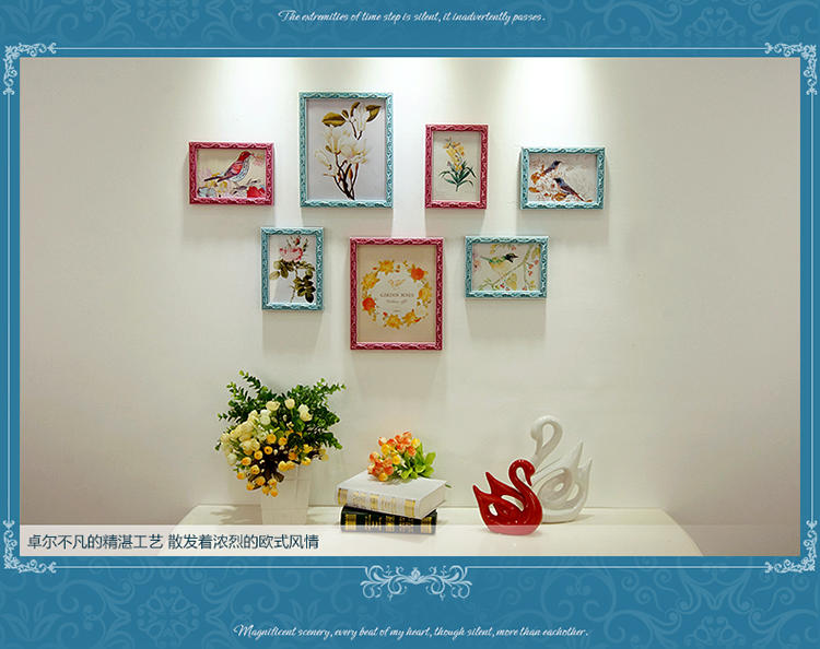 欧式雕花实木照片墙 复古花卉7相框墙创意组合装饰相片墙画框 S10-7 复古玫红黄+画芯