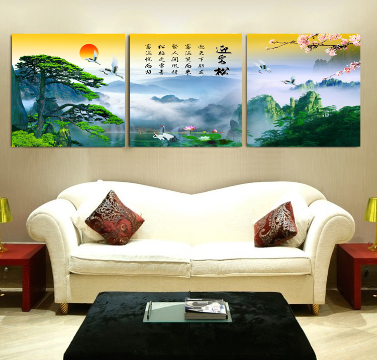 唯画 现代客厅装饰画无框画沙发背景墙画迎客松卧室玄关挂画壁画山水风景画流水生财聚宝盆 迎客松 80*80
