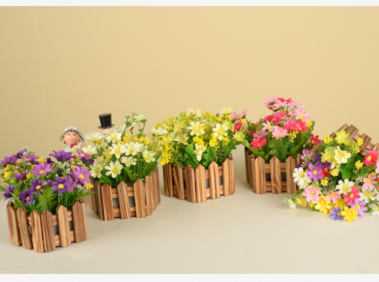 
                                        浩瀚 田园木质栅栏小翠花套装 仿真花绢花家居装饰 雏菊小菊花家居装饰摆设 长方形栅栏+QQ玫玫红                