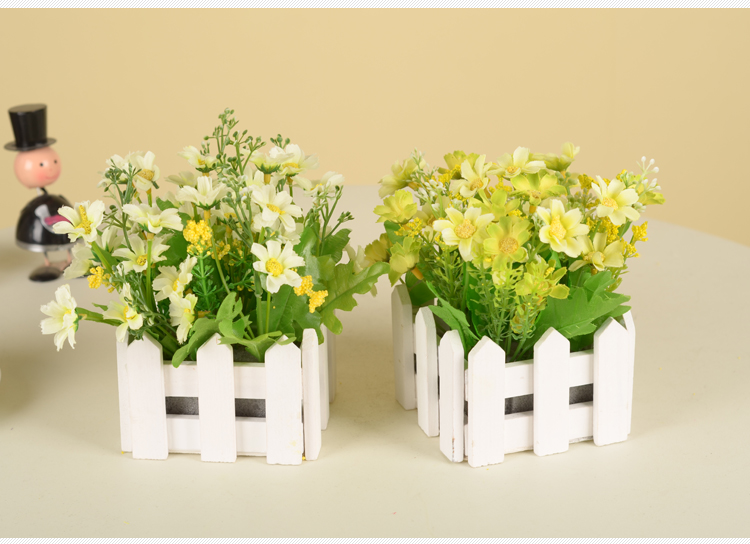 
                                        浩瀚 田园木质栅栏小翠花套装 仿真花绢花家居装饰 雏菊小菊花家居装饰摆设 长方形栅栏+QQ玫玫红                