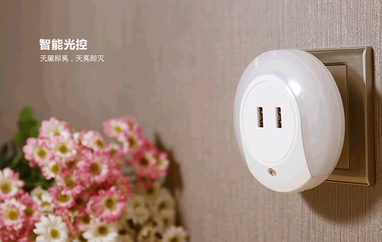 双usb充电插头夜灯 二合一光控插座转换器 家用办公旅行 ch001