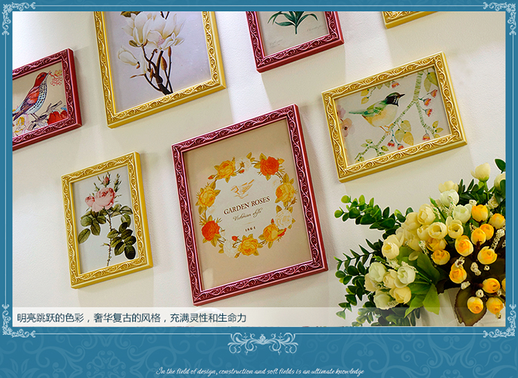 欧式雕花实木照片墙 复古花卉7相框墙创意组合装饰相片墙画框 S10-7 复古玫红黄+画芯