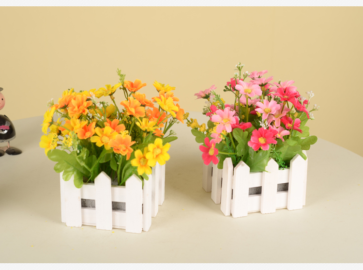 
                                        浩瀚 田园木质栅栏小翠花套装 仿真花绢花家居装饰 雏菊小菊花家居装饰摆设 长方形栅栏+QQ玫玫红                