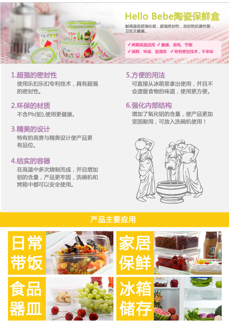 乐扣乐扣HelloBebe卡通陶瓷保鲜盒密封带盖微波盒儿童饭碗 HBB506/760ml