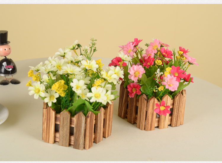
                                        浩瀚 田园木质栅栏小翠花套装 仿真花绢花家居装饰 雏菊小菊花家居装饰摆设 长方形栅栏+QQ玫玫红                