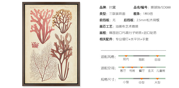 时黛 美式客厅装饰画有框 沙发背景墙画餐厅壁画玄关挂画卧室床头画 珊瑚海 SD088 6折 哑光棕色木纹A画芯75*105