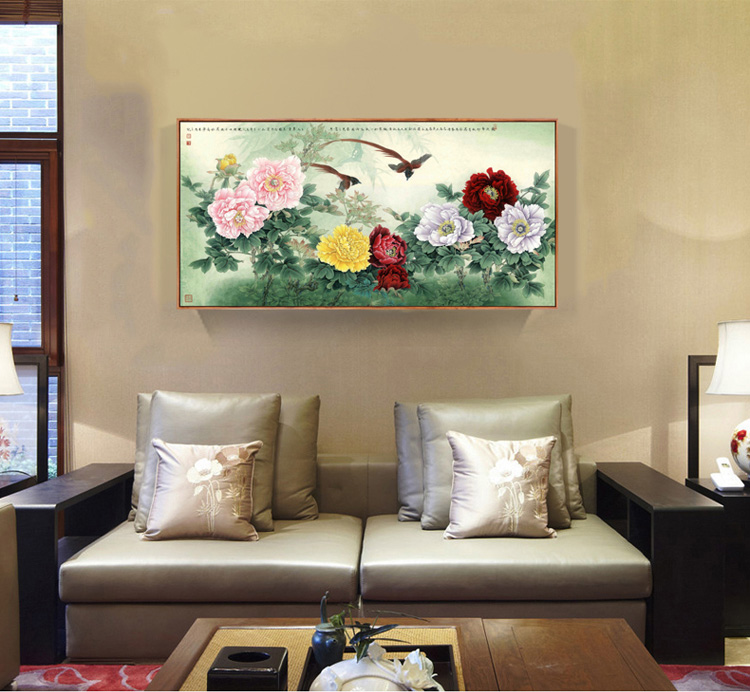金石原创客厅卧室挂画 李晓明国画牡丹 新中式风格酒店装饰墙画 A款单幅价格 60*120韩国烫膜框原木色