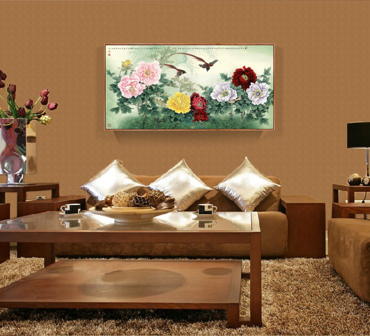 金石原创客厅卧室挂画 李晓明国画牡丹 新中式风格酒店装饰墙画 A款单幅价格 60*120韩国烫膜框原木色