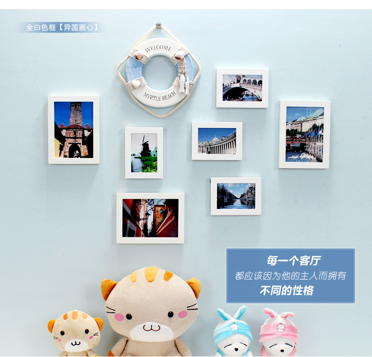 悠韵淡雅 地中海实木照片墙相框墙客厅卧室创意儿童房相片墙组合欧式背景墙 A款船舵蓝白两色+异国画心