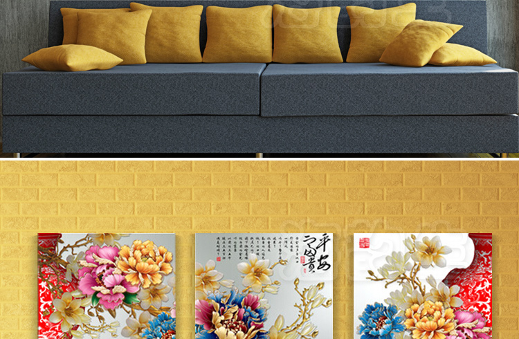 
                                        海韵生 沙发背景墙画挂画客厅现代装饰画餐厅壁画国画中式装饰画复古装饰画仿油画无框画三联画 家和富贵 70*70*3                