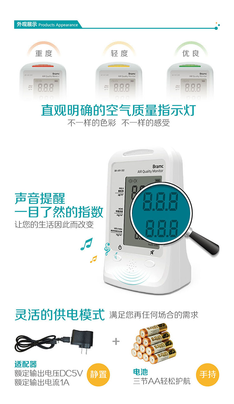 博朗通BR-AIR-332空气质量监测仪雾霾pm2.5甲醛voc 一年只换不修 零噪音