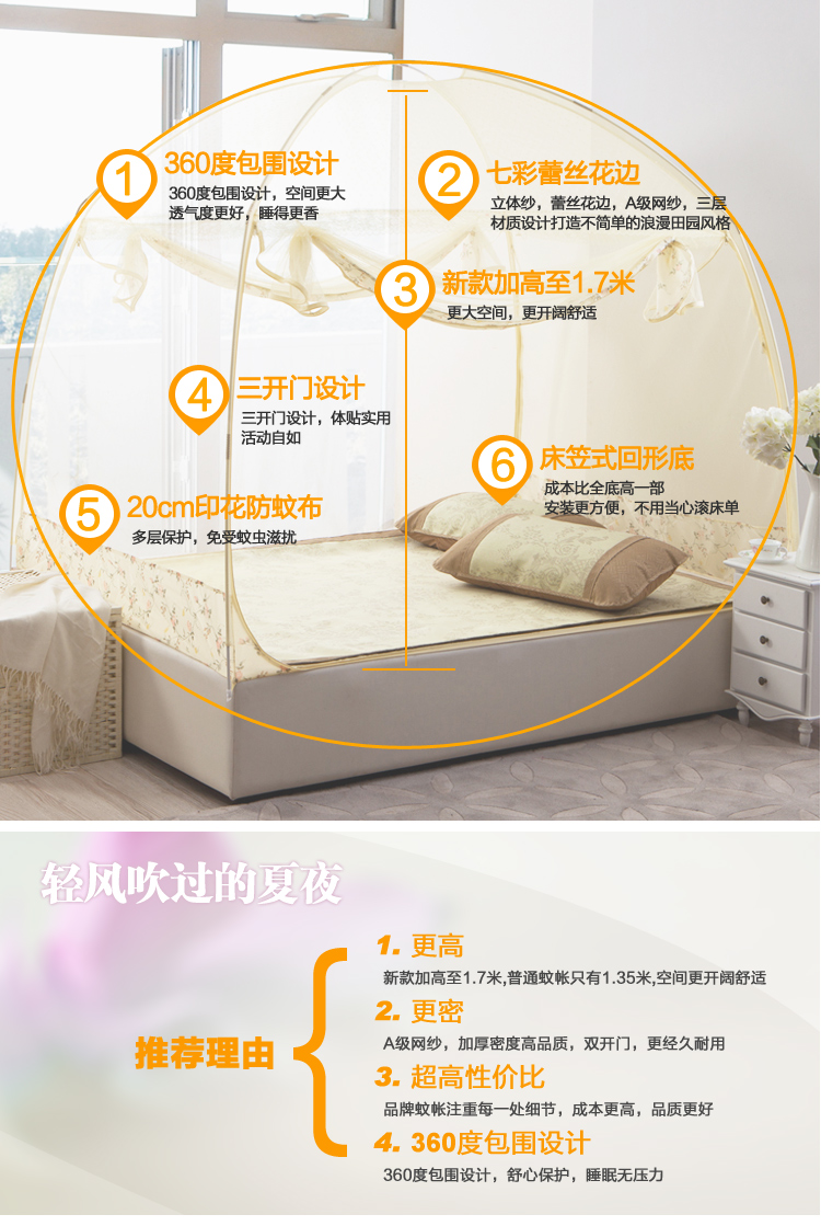 北极绒家纺 夏季床上用品加密蚊帐米黄加高蒙古包150cm*200cm*170cm