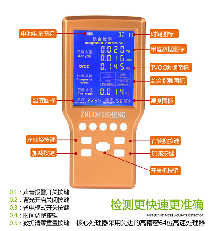 卓日升室内家用测甲醛检测仪 TVOC空气环境质量干湿度便携式五合一测试仪器—甲醛检测盒