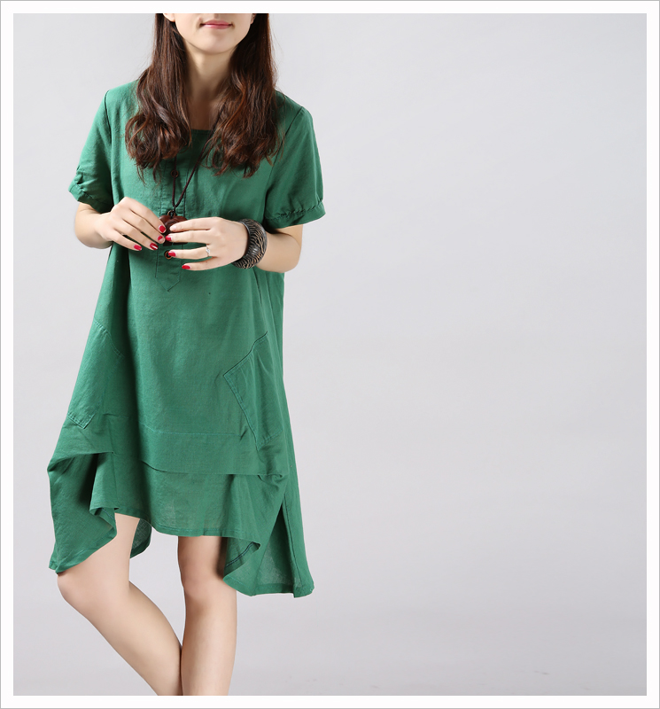 俏爱芳 连衣裙短袖夏季立体不规则中裙2015新款大码文艺宽松纯色棉麻