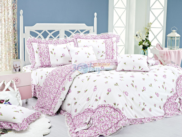 安意道全棉斜纹床上用品荷叶边床裙式印花四件