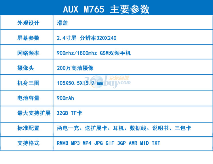 奥克斯(AUX) M765手机 RMVB高清视频播放 支