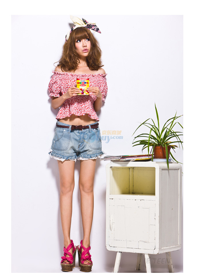 乐町<em>荷叶边牛仔短裤</em>LG1121312 宝蓝色 L 【图