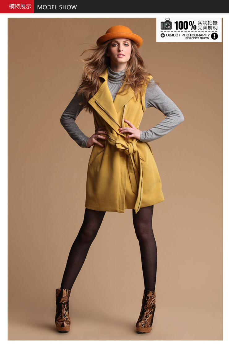 沃谷 韩版系带长款无袖中长外套 黑色 S