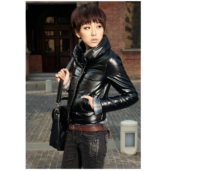 橡菲 SOPHY 韩版时尚黑色棕色保暖修身皮衣棉