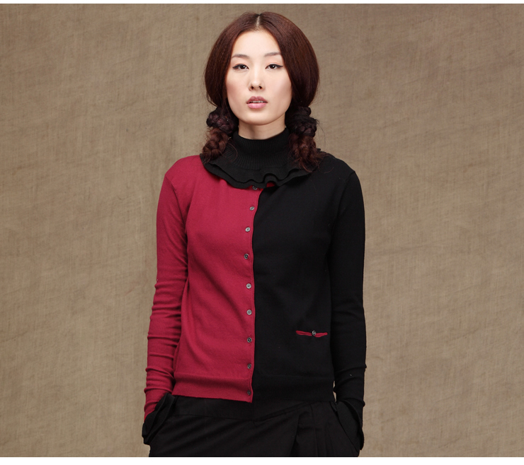 <em>茵曼</em> INMAN 新款拼接撞色<em>开衫</em>圆领长袖短款毛