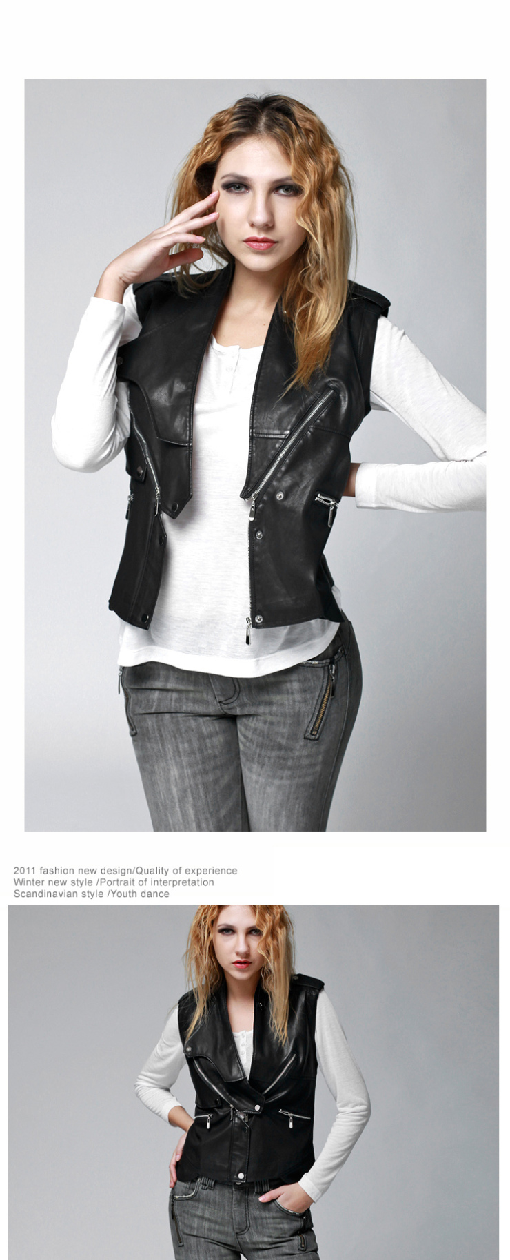 米多立Mudoliy<em>春季</em>立领拉链装饰<em>女短款</em>皮<em>马甲</em>