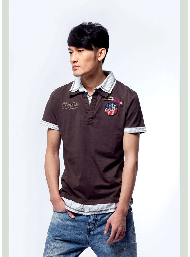 KAMA卡玛 男士假两件条纹短袖T恤1215271(退