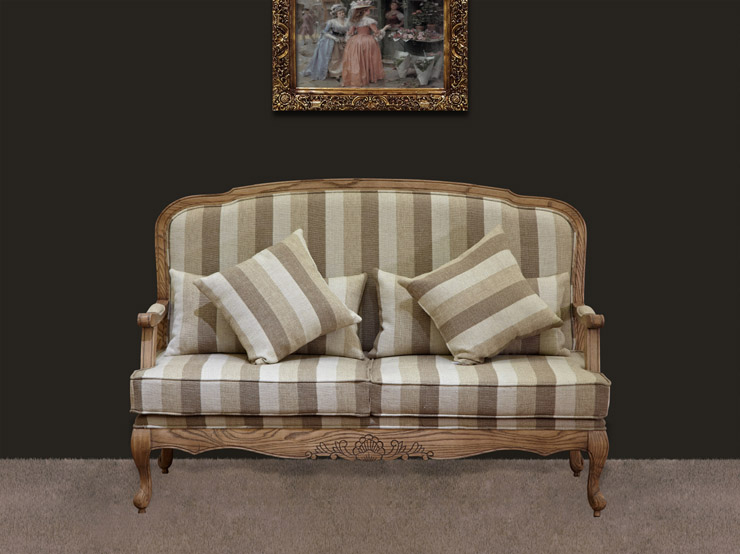 欧式简约双人沙发 实木沙发 条纹海绵座垫沙发