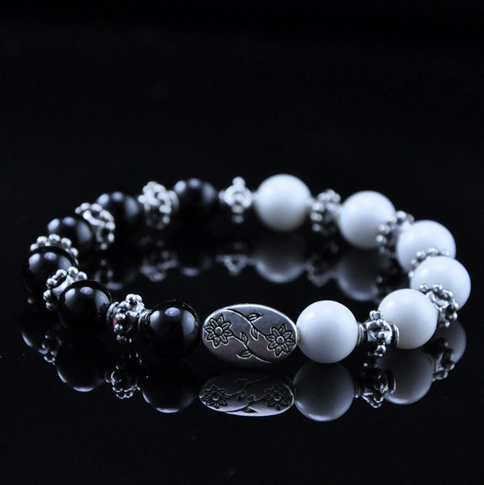知乐轩 天然白砗磲黑玛瑙女手链  黑白配  开光 爱