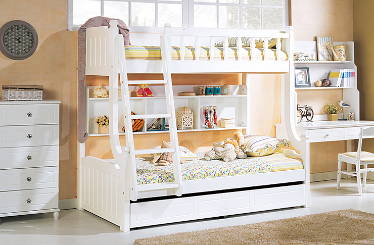 线<em>儿童</em>家具欧式奶白色高低子母床<em>儿童姐妹床</em> 