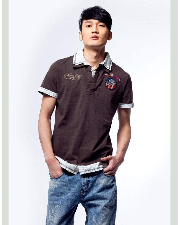 KAMA卡玛 男士假两件条纹短袖T恤1215271(退