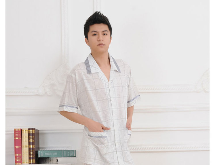 金丰田男士短袖<em>睡衣</em> 夏季<em>男式纯棉</em>格子 <em>棉布</em>家