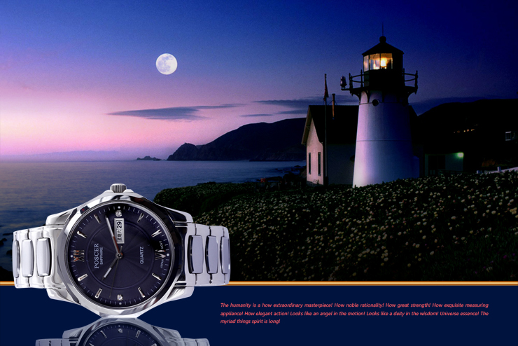 POSCER银色表带黑表盘双历男表P.8180M.W