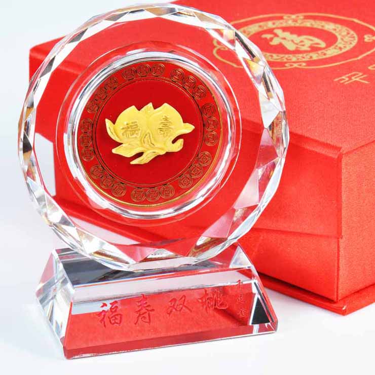 梦克拉 千足金水晶摆件 福寿双桃 礼品摆件 工艺