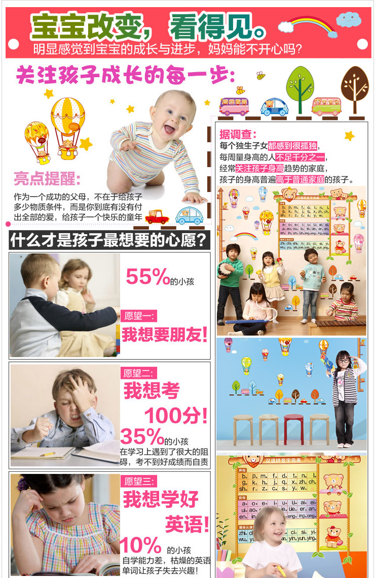 
                                        宜美贴 五代可移除墙贴纸早教身高尺S035 儿童房卧室背景墙装饰 卡通家居软饰 B款-拼音表                
