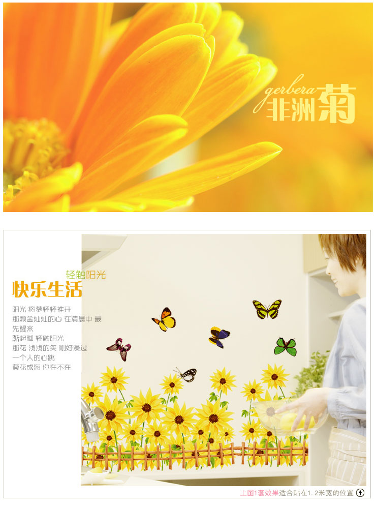 
                                        忆美特装饰墙贴画 踢脚线装饰贴纸 黄色非洲菊蝴蝶花 S811                