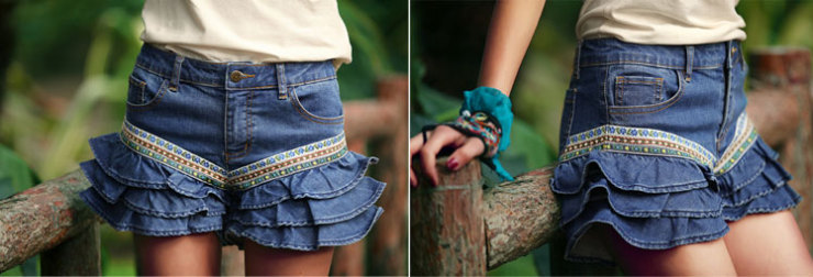 裂帛 春装新款 花边 三层<em>荷叶边 牛仔短裤</em>3117