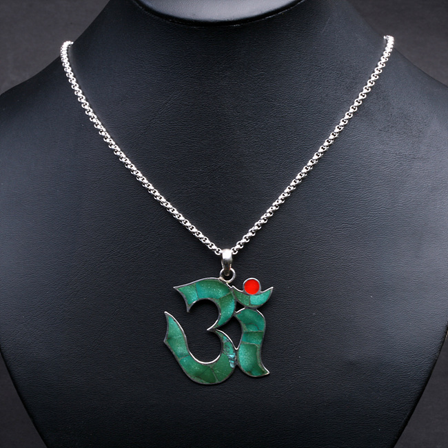 蓝莲花 925纯银绿松石 佛教唵字OM吊坠 瑜伽标