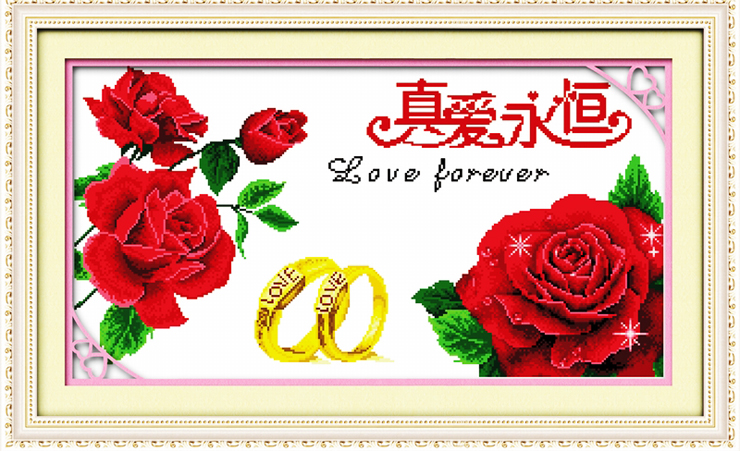 
                                                                                悠趣 十字绣 真爱永恒系列 精准印花布手工刺绣风景十字绣套件 爱情玫瑰花卉温馨之家 小幅卧室装饰挂画 真爱永恒相伴一生70*40cm - 棉线                