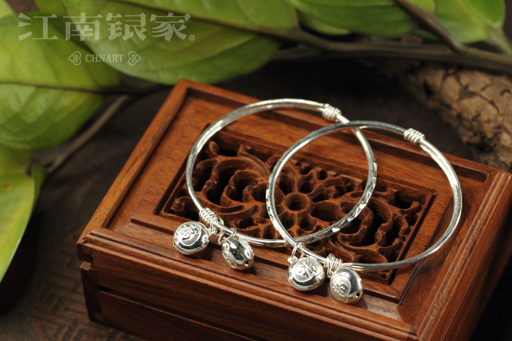 江南银家 990足银大花福铃婴儿纯银脚镯 铃铛