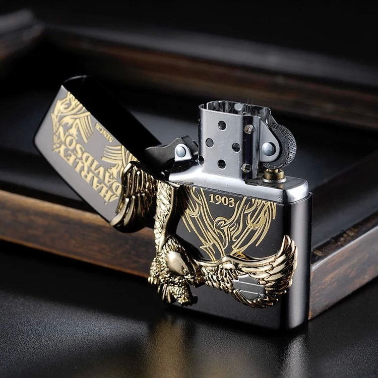 芝宝zippo打火机 日版黑冰蚀刻镀金哈雷俯冲雄