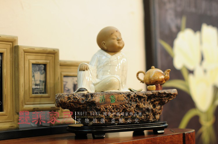 墨菲 佛缘品茗 陶瓷雕塑小沙弥和尚风水镇宅书房摆件中式辟邪古典 d款